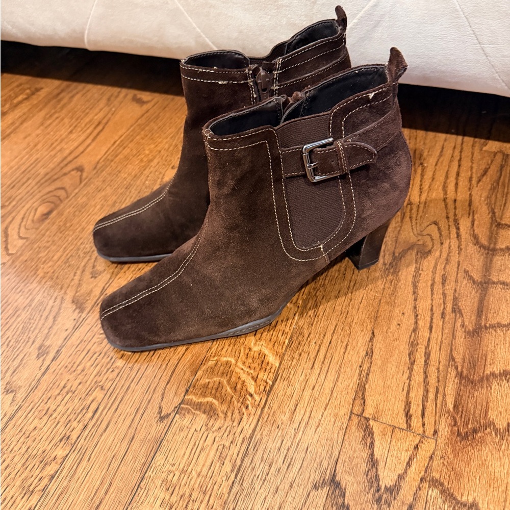 AEROSOLES Dark Brown Suede Ankle Booties with Buckle